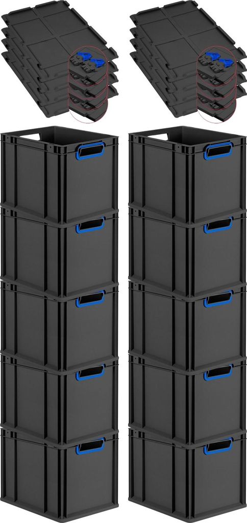 SuperSparSet 10x Eurobox NextGen Color mit Scharnierdeckel und Schiebeschnappverschlüssen | HxBxT 32x30x40cm | 30 Liter | Schwarz | Griffe blau of...