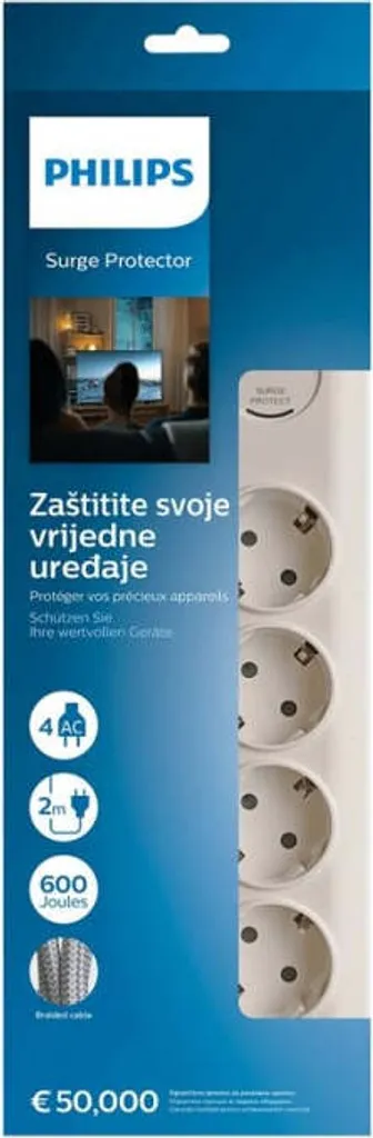 Multiprise 4 Prises Philips Protection Foudre pour Bureau et Salon 2m