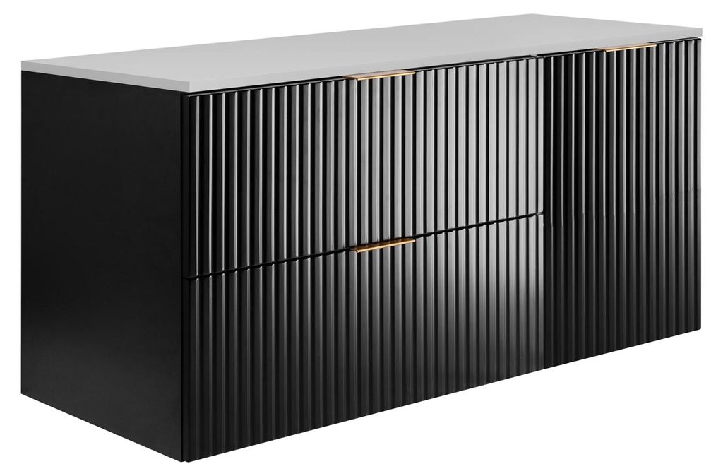 Badezimmer-Set: Schrank mit Schubladen und Schrank mit Türen 57×46×120 cm, Farbe: schwarz / weiße Arbeitsplatte, goldener Griff