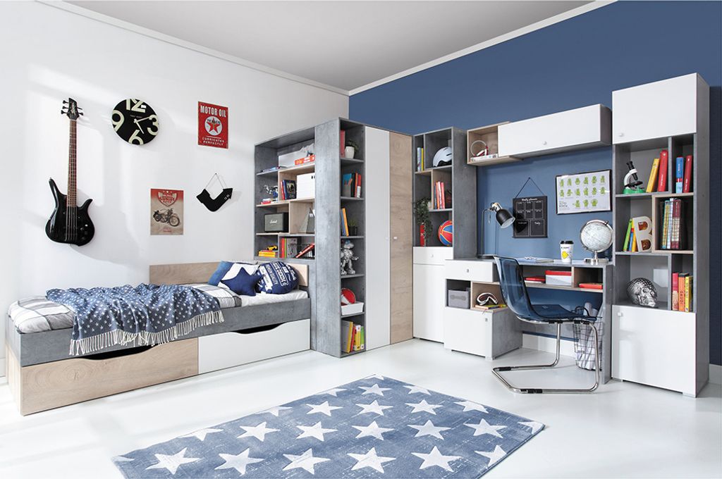 Jugendzimmer Set 6-teilig SEATTLE-133 mit Jugendbett 120x200cm in Beton weiß Eiche