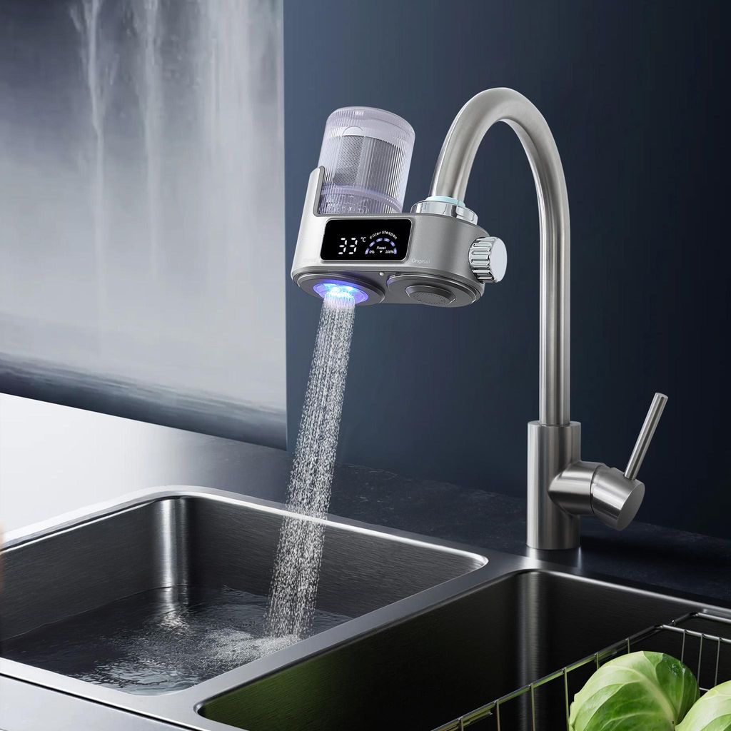 Homelody Wasserfilter für Wasserhahn mit Sterilisation, Wasserfilter für Zuhause Küche, entfernt Chlor, Schwermetalle,für Wasserhähne, Grau