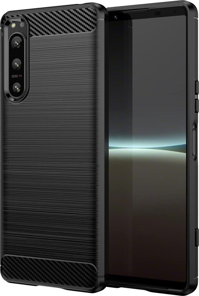 A black phone case is shown next to a smartphone.