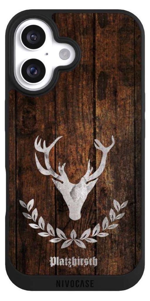 NIVOCASE Handyhülle für Apple iPhone 16 Hülle NIVOpure Case Schwarz Hirsch Holz Holzoptik