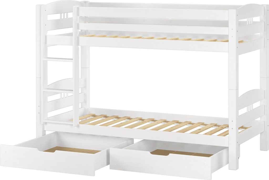 Etagenbett Kiefer weiß 90x200 Massivholzbett Kinderbett Zubehör wählbar V-60.10-09WRollrost und Doppelbettkasten inkl.