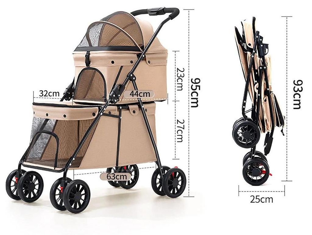 Haustierkinderwagen - Hundebuggy und Katzenwagen - Zweistöckig - Für 2 Haustiere - Faltbar - Atmungsaktives Oxford-Gewebe - Khaki