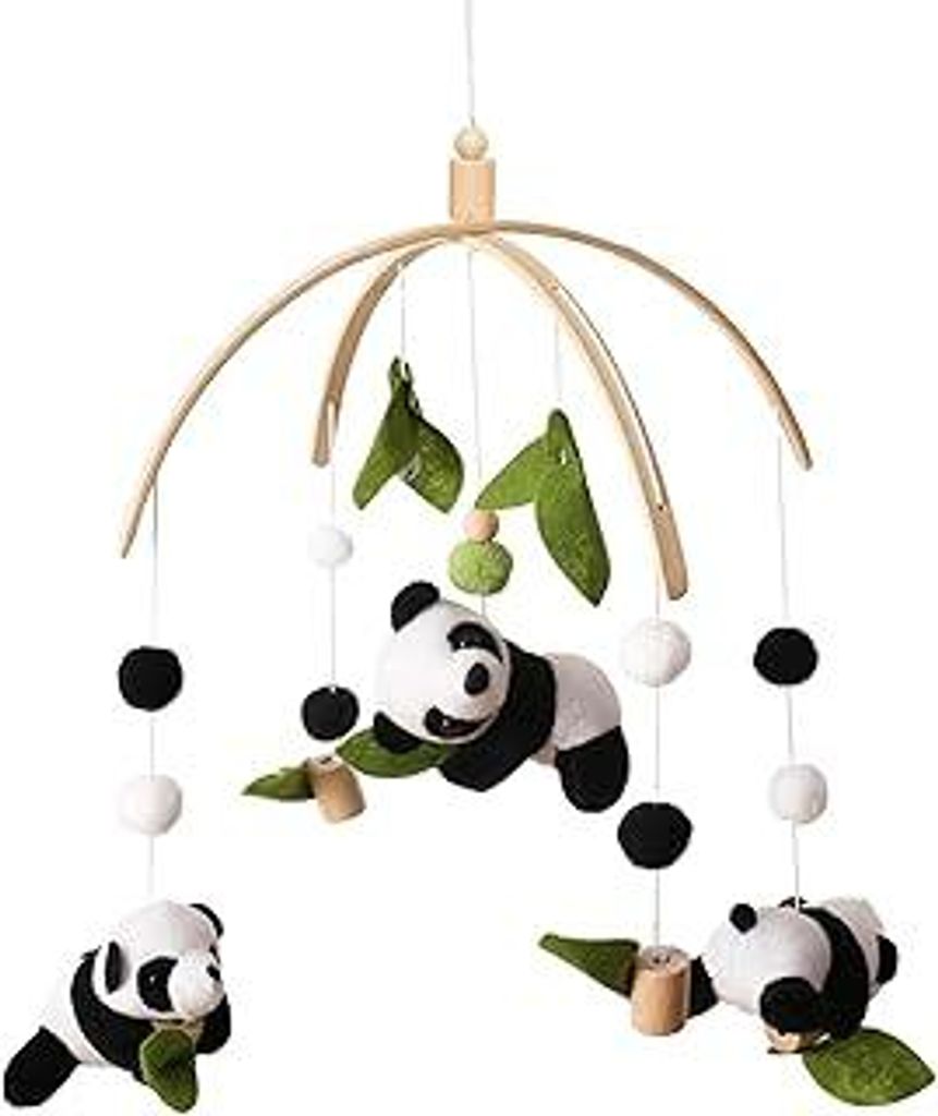 Mobile Baby Windspiele Panda, 3D Mobile Babybett Holz mit Glocke, Neugeborenen Bettglocke mit Filzbällen, Perfekt als Geschenk zur Geburt (B)