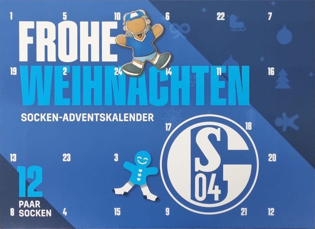 A blue advent calendar with Christmas-themed graphics and the FC Schalke 04 logo.