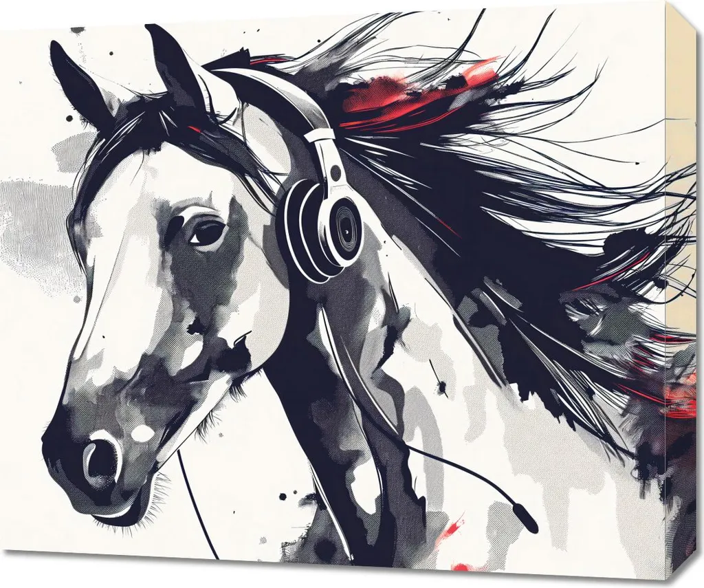 Tableau Image 60 x 50 cm Cheval à l'écouteur - Décoration Murale Originale