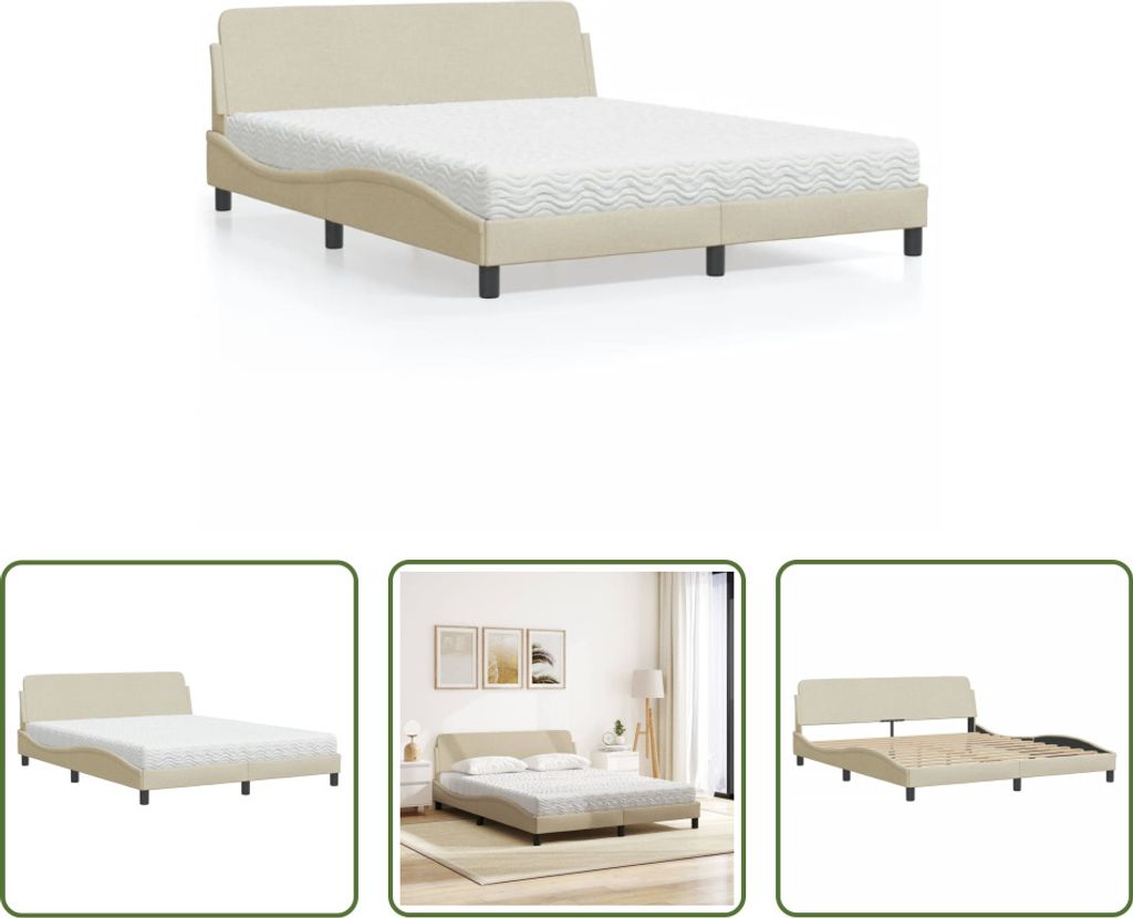 The Living Store Bett mit Matratze Creme 160x200 cm Stoff