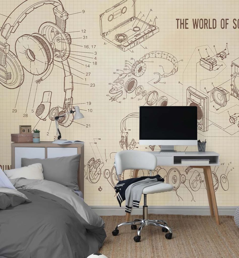 Fototapete technische Zeichnung Musik beige, Material:Premium Vlies 150g/qm, Größe Tapete:455 x 300cm