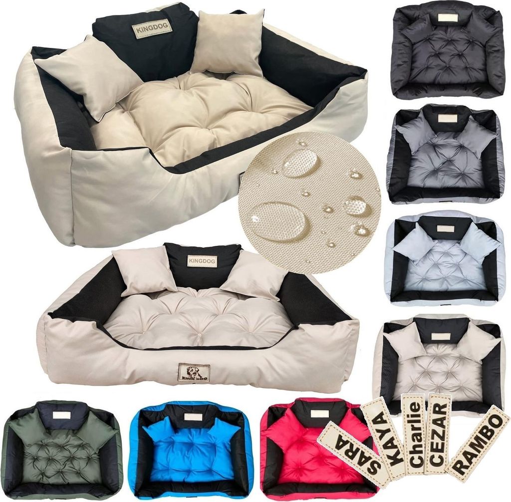A collage of dog beds in various colors and close-ups of their features, along with personalized name tags.