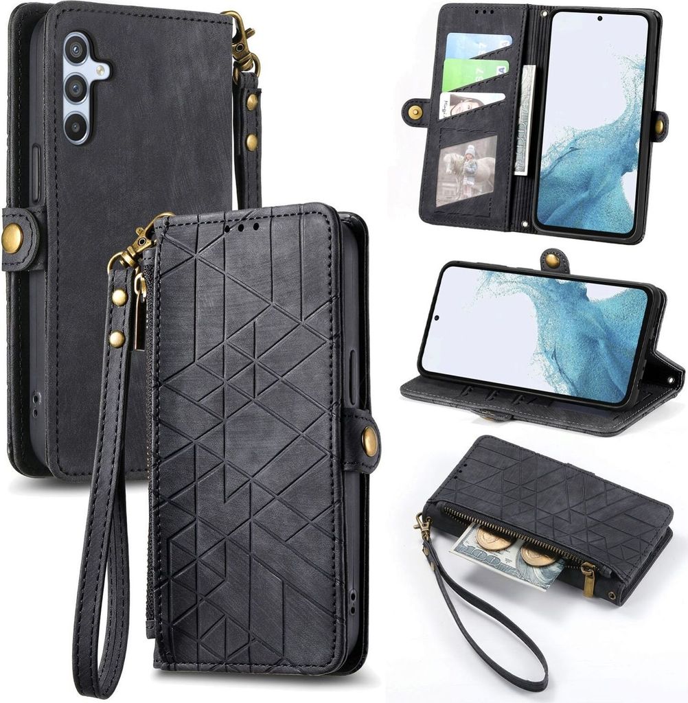 Für Samsung Galaxy A56 / A36 Geometric Design Kunstleder Zipper Book Wallet Tasche mit Schlaufe Schwarz
