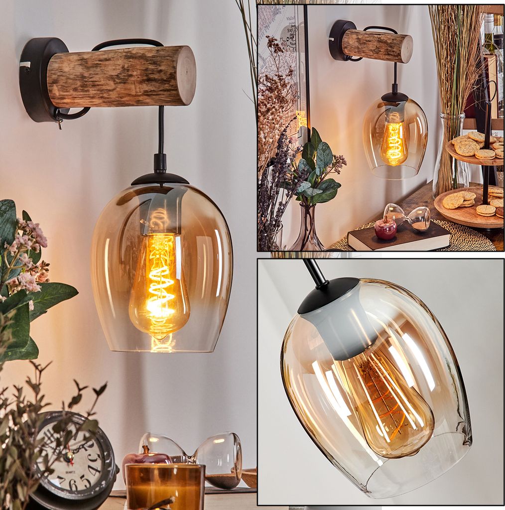 Usigliano Wandlampe aus Metall/Holz/Glas in Schwarz/Natur/Bernstein/Klar