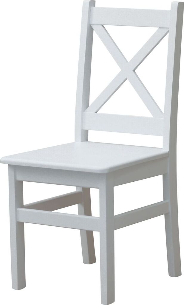 A white wooden chair is shown against a white background.
