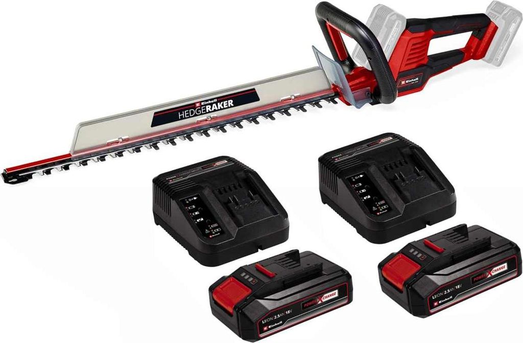 A cordless hedge trimmer with two batteries and two chargers, displayed on a white background.