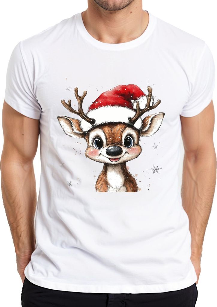 Weihnachtsrentier Niedlich Santa Hut Schneeflocken Aquarell süß Herren T-Shirt, Weiß, XXL