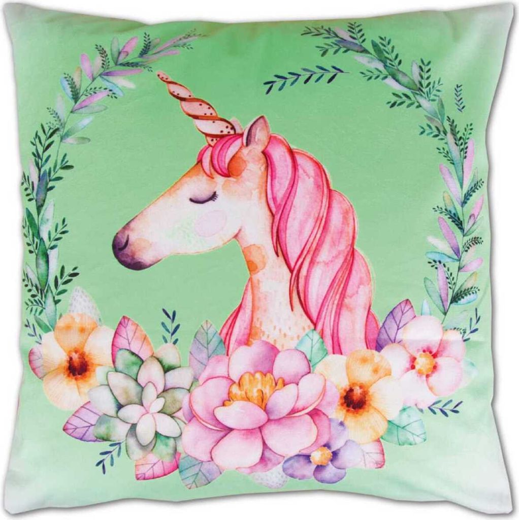 Kissenbezug Fotodruck Motiv in 40x40 cm, Flauschig weiche Kissenhülle ohne Füllung, Motiv: Einhorn Grün