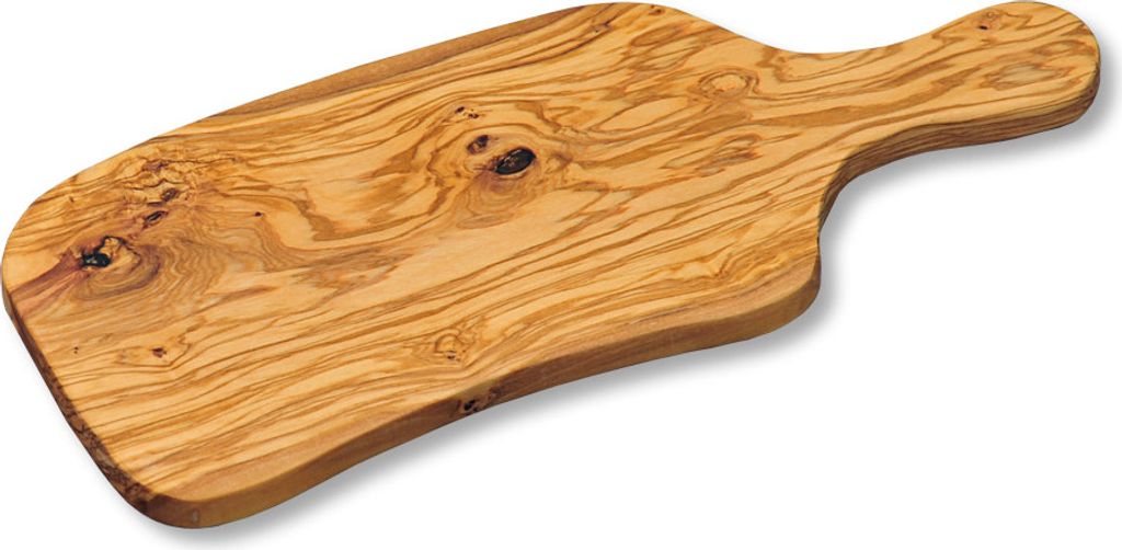 A wooden cutting board with a handle, made of olive wood, is shown on a white background.