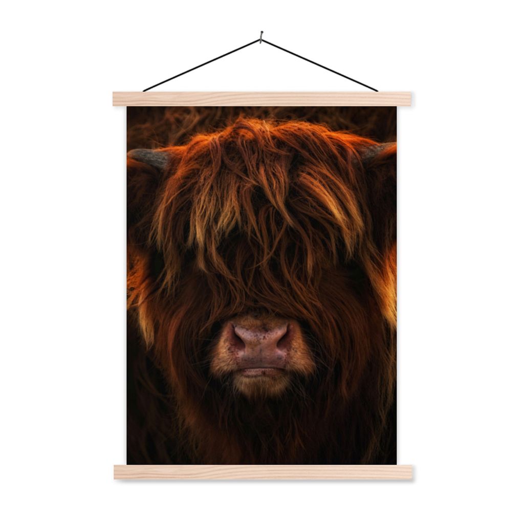 MuchoWow Textilposter Schottischer Highlander - Kuh - Schwarz - Porträt 60x80 cm mit holzfarbenen Rahmen - Wandbild