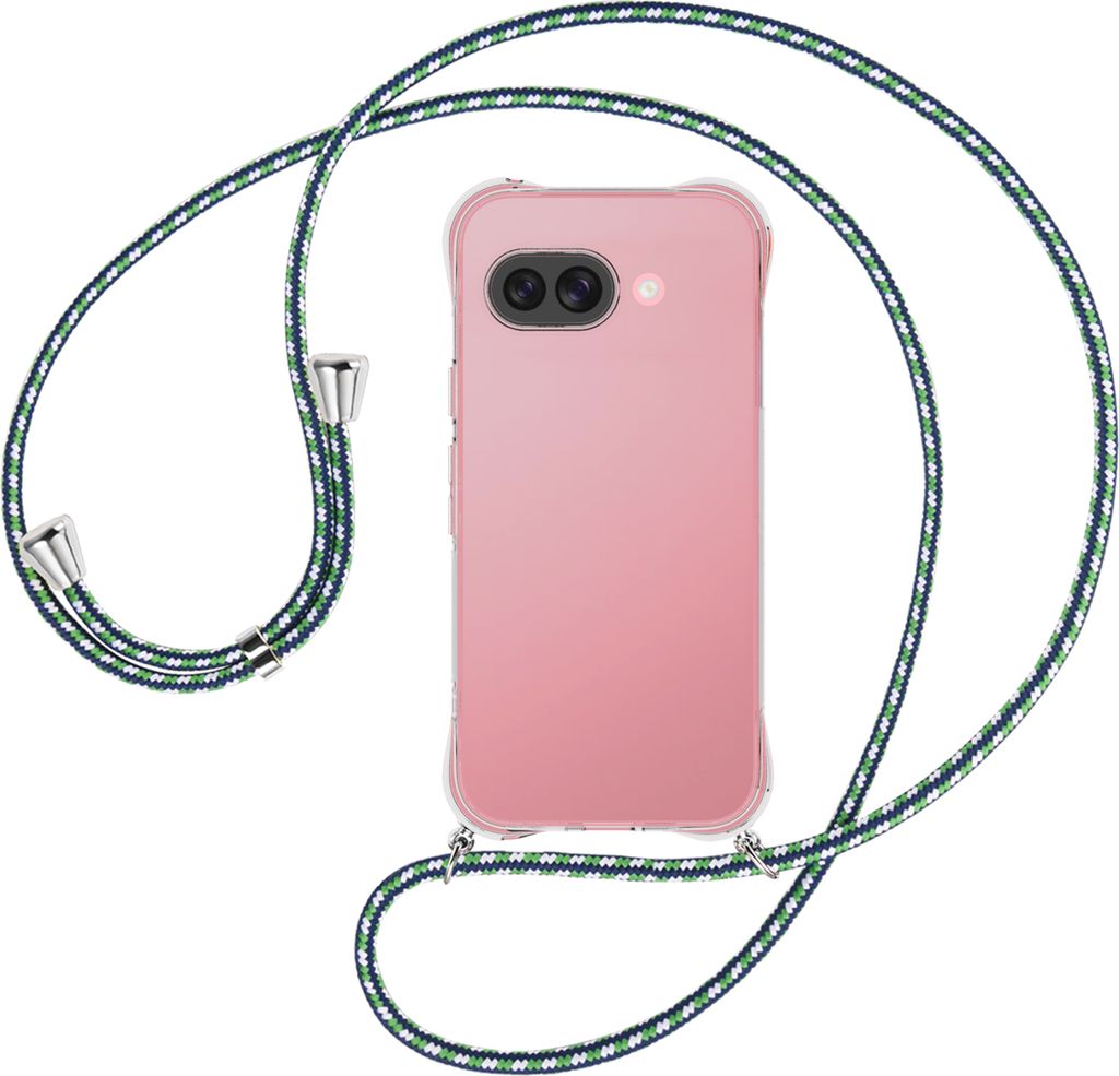 Handykette Backcover-Schutzhülle mit Band (Metall silberfarben) für Google Pixel 9A - grün/blau/weiß