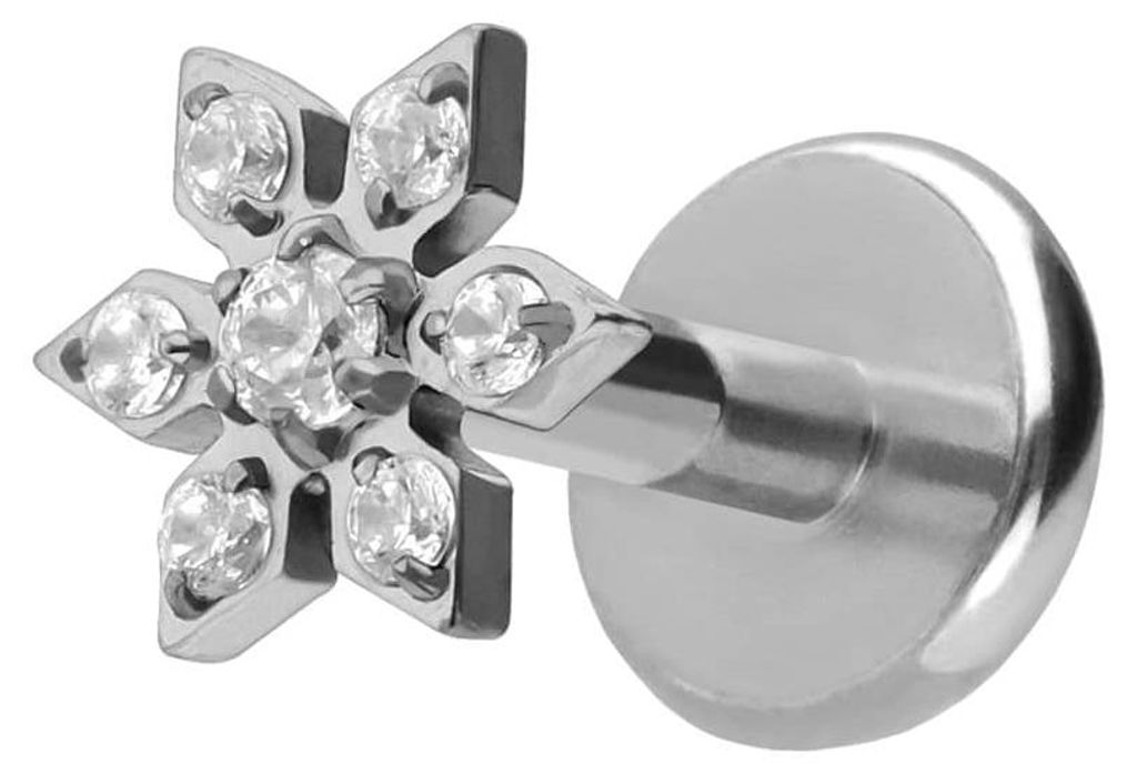 Ohrpiercing, Nasenpiercing Titan Labret mit Push Fit KRISTALLBLUME Silber Stablänge: 5mm | Stabstärke: 1mm