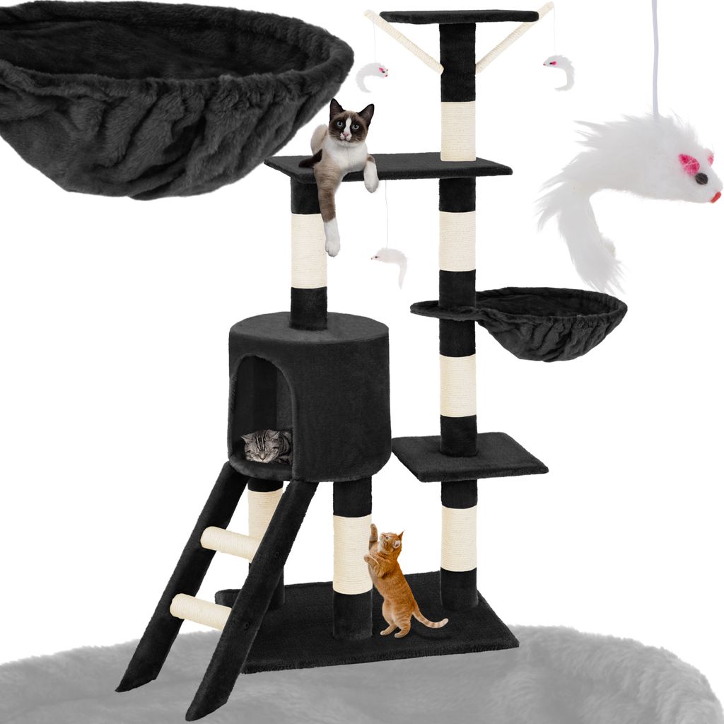 A multi-level cat tree with various platforms, a hideaway house, a ladder, and hanging toys, featuring several cats interacting with it.