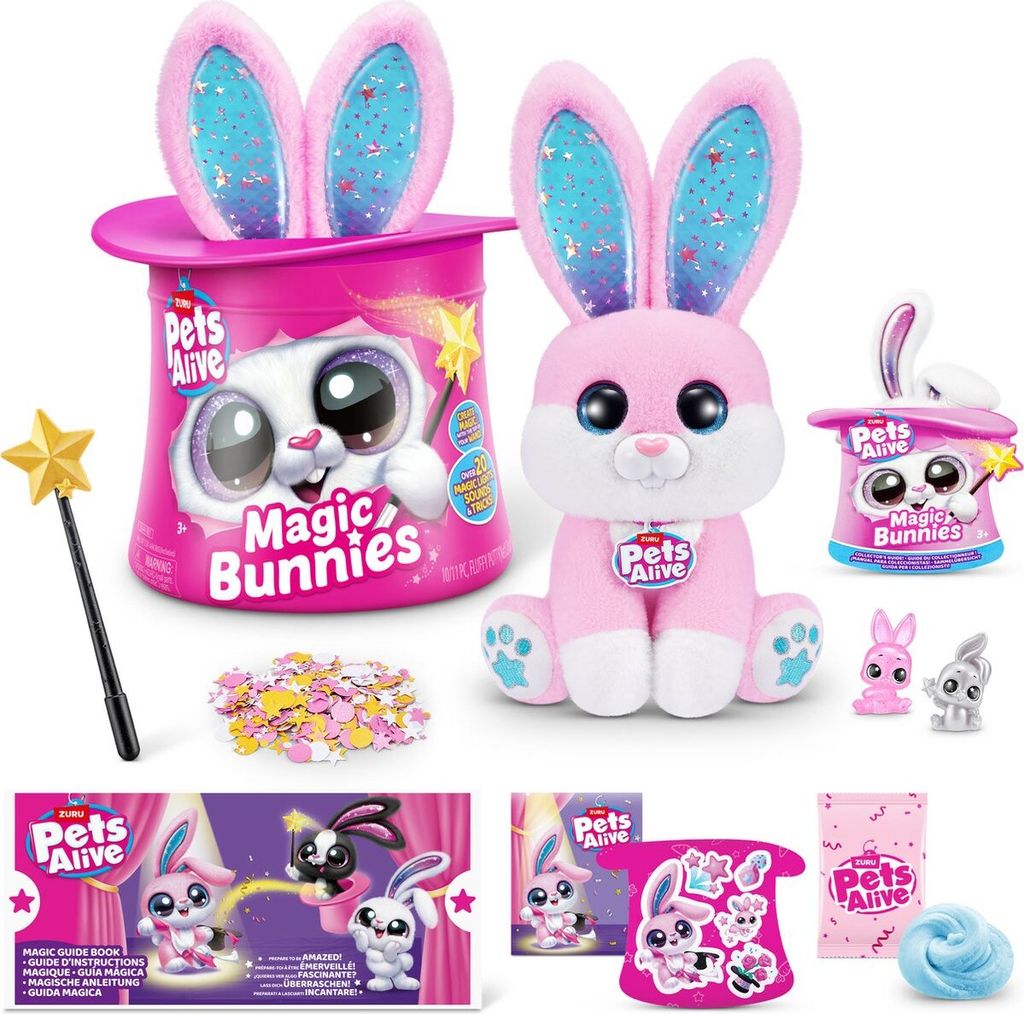 A collage of a toy set featuring pink bunnies, magic wands, confetti, and packaging.