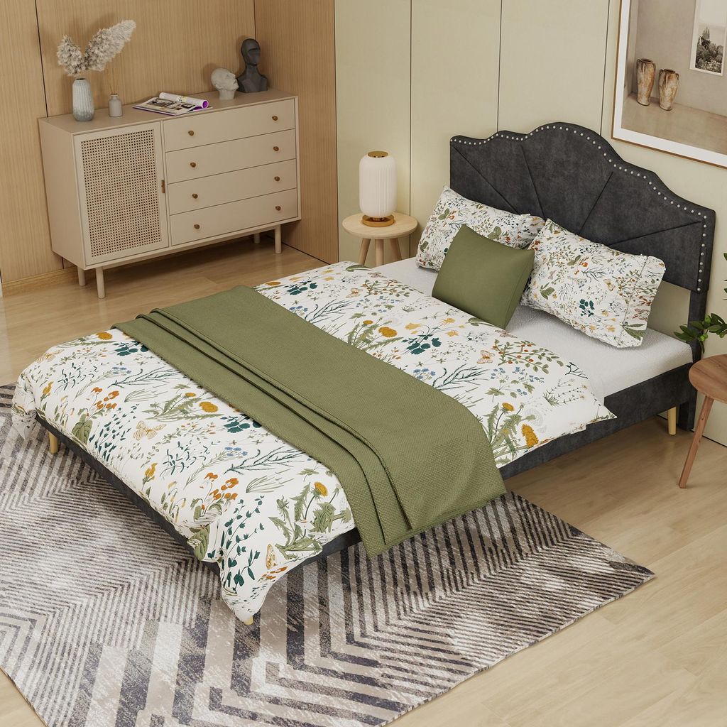 okwish Doppelbett 160x200 Kinderbett mit weiches Kopfteil,Bettgestell mit Rippenbettgestell,Jugendbett Flachbett mit Nägelbeschlag,Grau(ohne Matra...