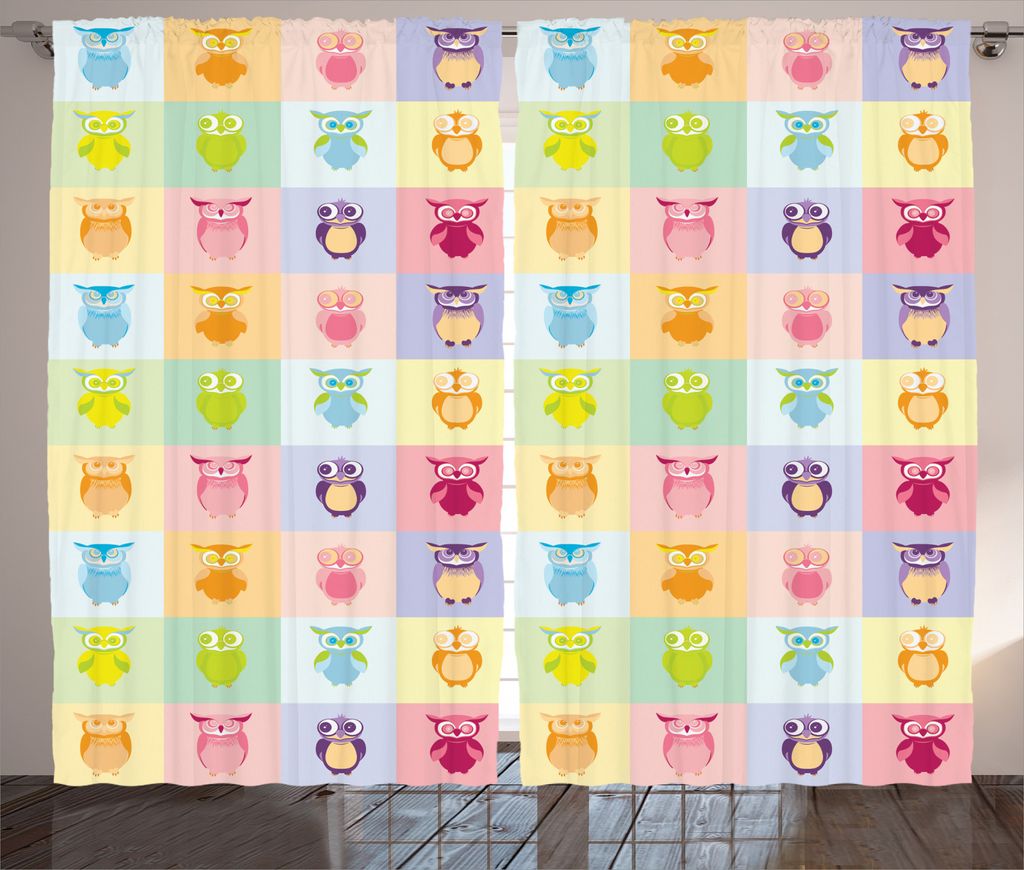 ABAKUHAUS Kindergarten Rustikaler Gardine, Bunte Eulen-Kinder, Schlafzimmer Kräuselband Vorhang mit Schlaufen und Haken, 280 x 245 cm, Gelb Lila Rosa