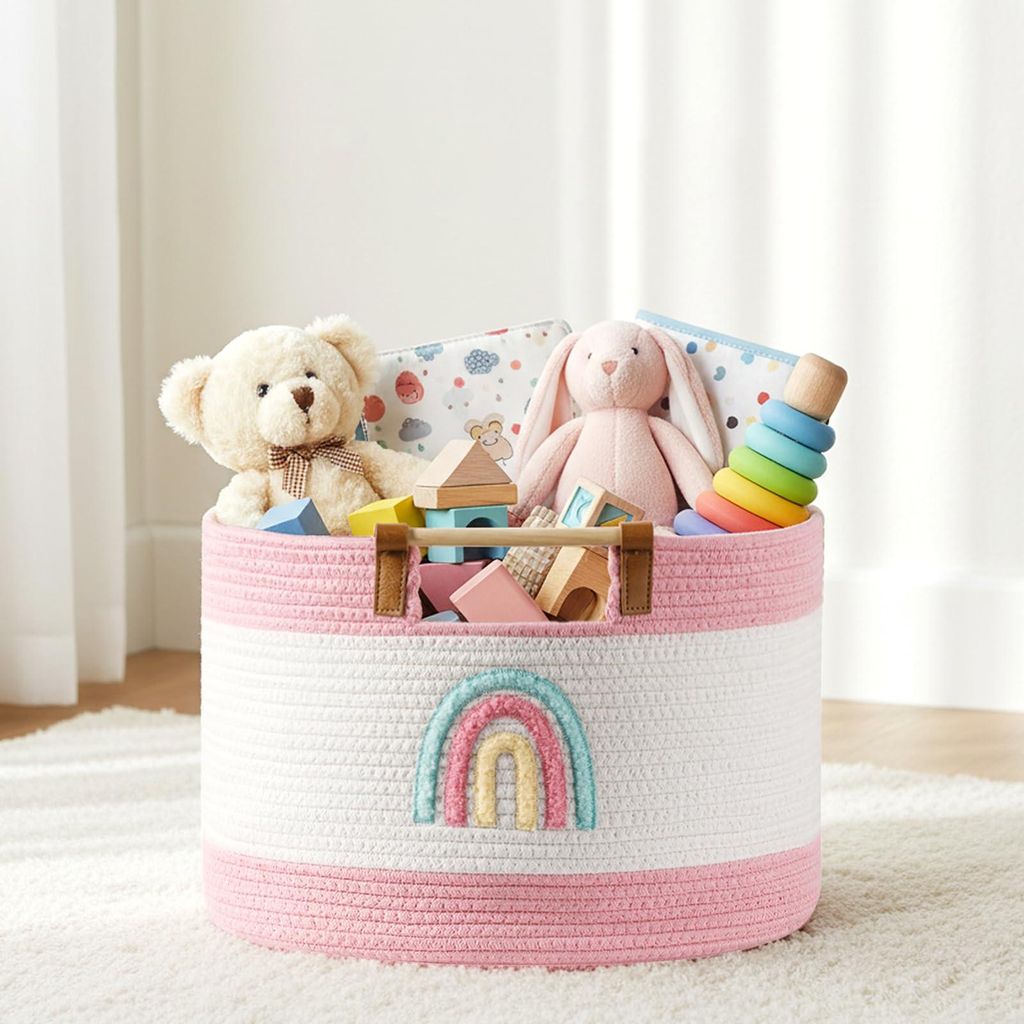 Körbe aus Baumwollseil für Kinder, Kuscheltiere, Aufbewahrungskörbe für Kinderzimmer, Babygeschenkkörbe, leerer Weidenkorb mit Holzgriffen, De...