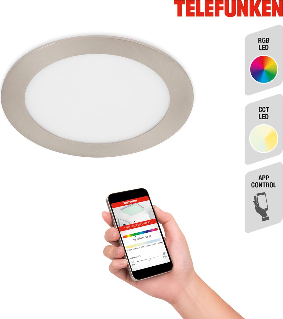 Telefunken VIRGO - LED-Einbauleuchte - 309402TF - Smart WiFi App Steuerung - RGB Farbwechselsteuerung - CCT Farbtemperatursteuerung - Sprachsteuerung möglich - IP23 - 25.000 Stunden - Ø17 x 2,4 cm
