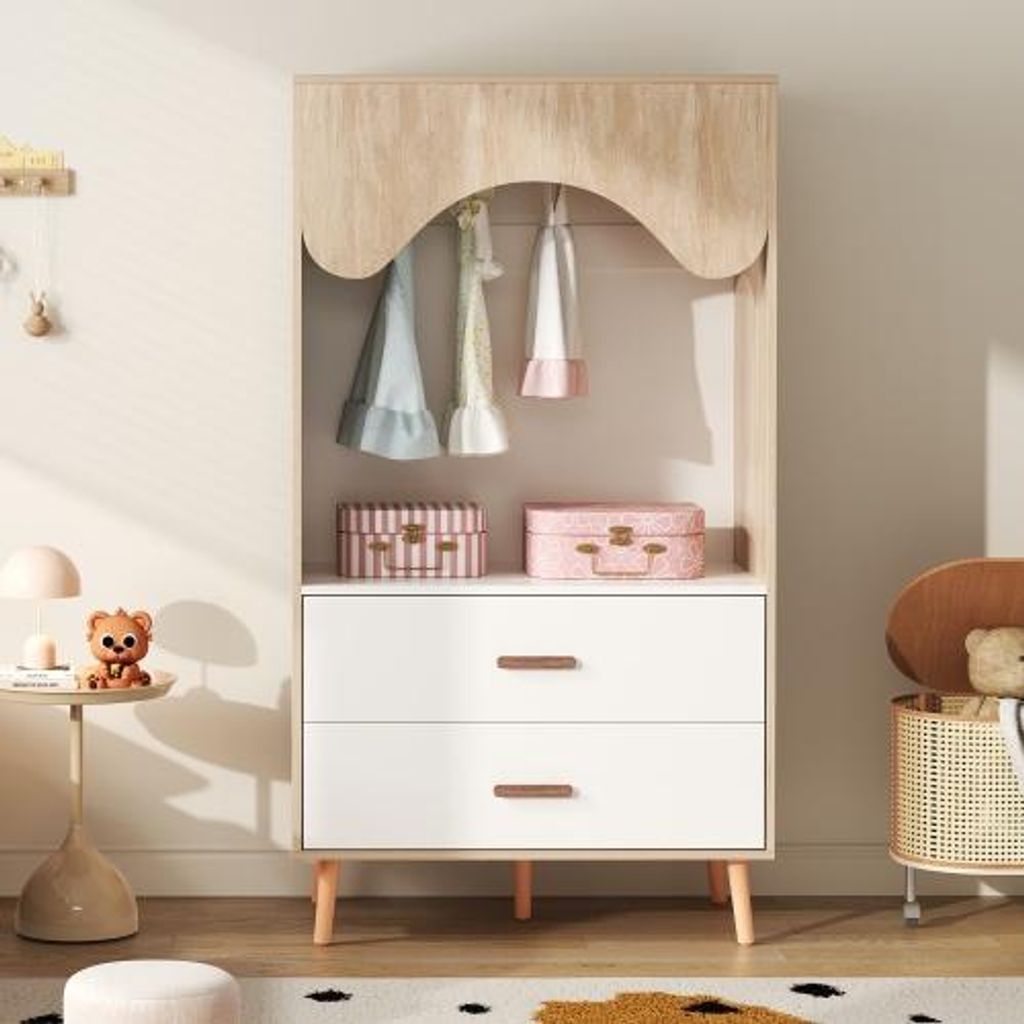 Weiss Kinderkleiderschrank 80x46x141.5 cm Naturholz Mit Kleiderstange Schubladen Offener Kleiderschrank Vollholzgriffe Spanplatte