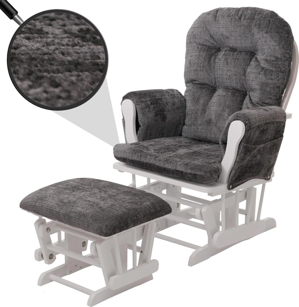 Relaxsessel MCW-C76, Schaukelstuhl Schwingstuhl mit Hocker Stoff Chenille (465g/m²) dunkelgrau, Gestell weiß