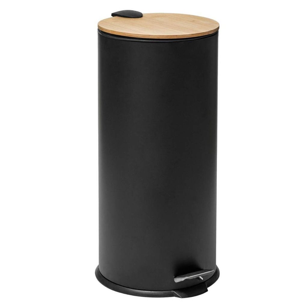 A black pedal bin with a bamboo lid, shown against a white background.