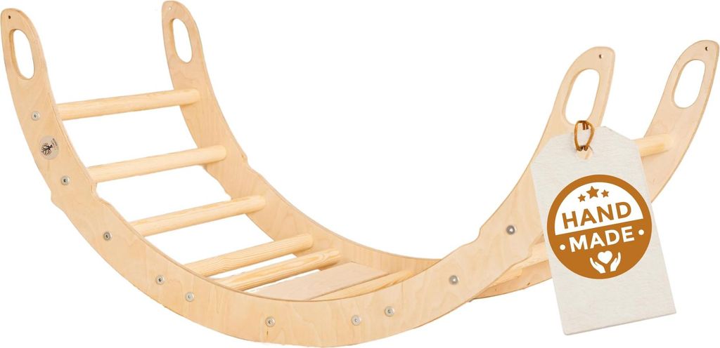 WoodsCraft - Kletterbogen mit Hypoallergen Kissen - Holz Klettergerüst Indoor - Holzwippe, Bogenwippe, Wippe - Montessori Kletterspielzeug