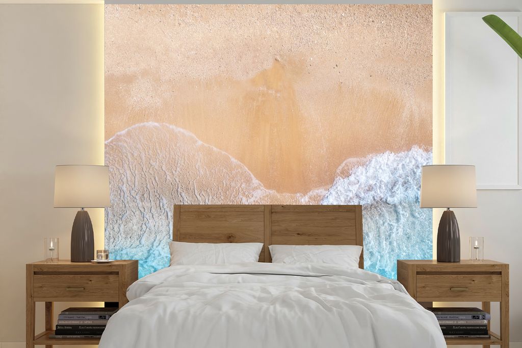 MuchoWow Fototapete für Wohnzimmer oder Schlafzimmer Wandtapete Vinyl Motivtapete Strand - Meer - Sand - Sommer - Blau - Wellen - 240x240 cm - S...