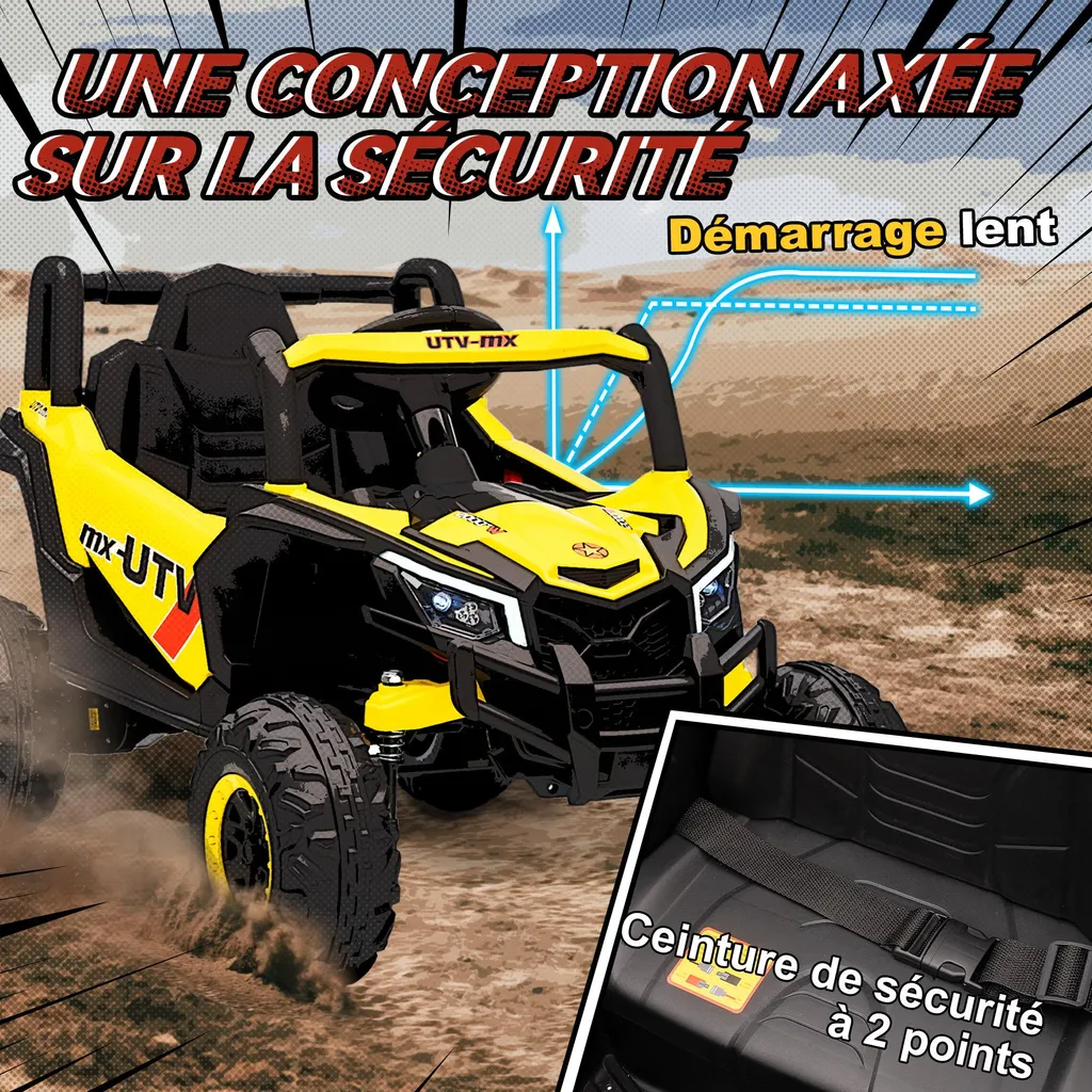 Voiture UTV 12V jaune pour enfant avec télécommande et roues robustes - 8