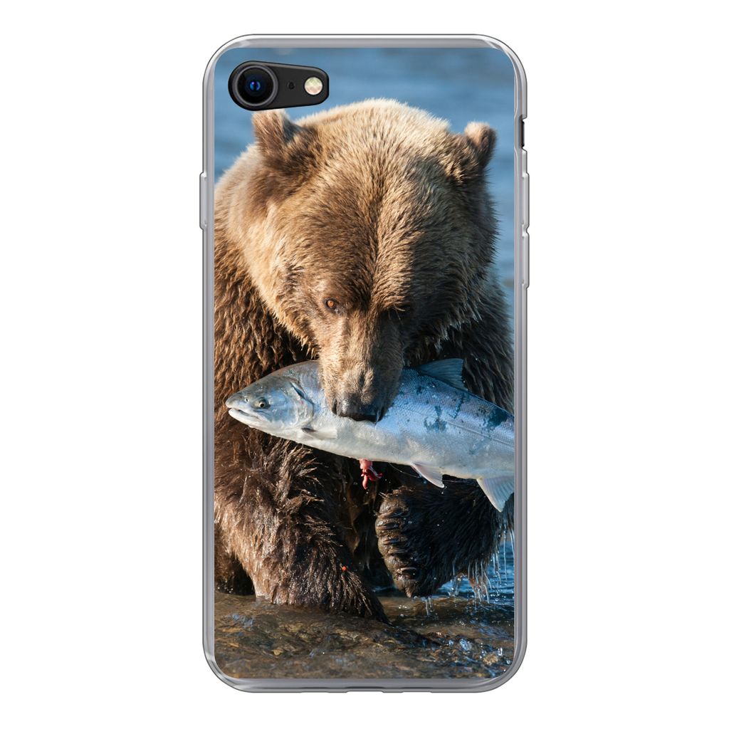 MuchoWow Handyhülle Schutzhülle Hülle für iPhone 7 Bär - Braun - Fisch Silikon Softcase Handy Hülle - Kartenhalter