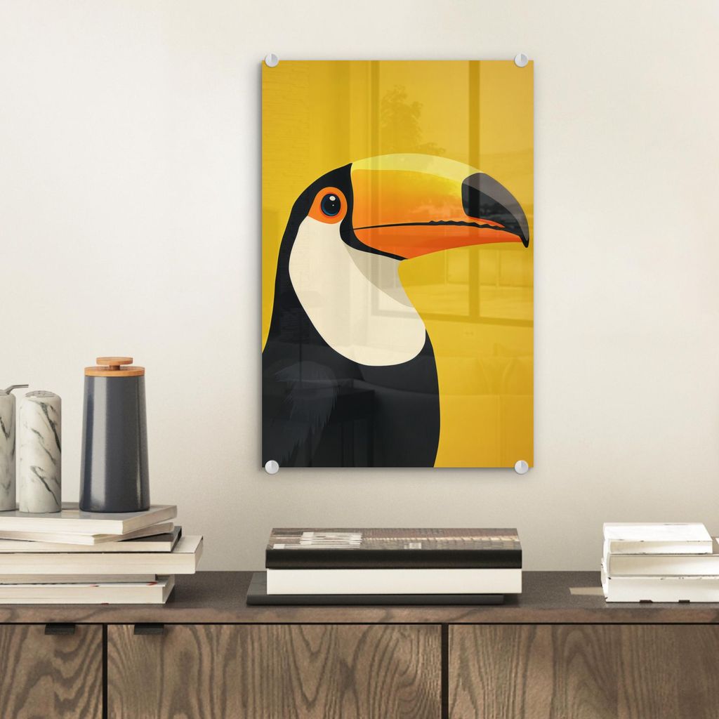 MuchoWow Glasbilder - Bilder auf Wandbild - Foto auf Glas Tukan - Minimalistisch - Schnabel - Orange 20x30 cm Wanddekoration aus Glas - Acrylglasbi...