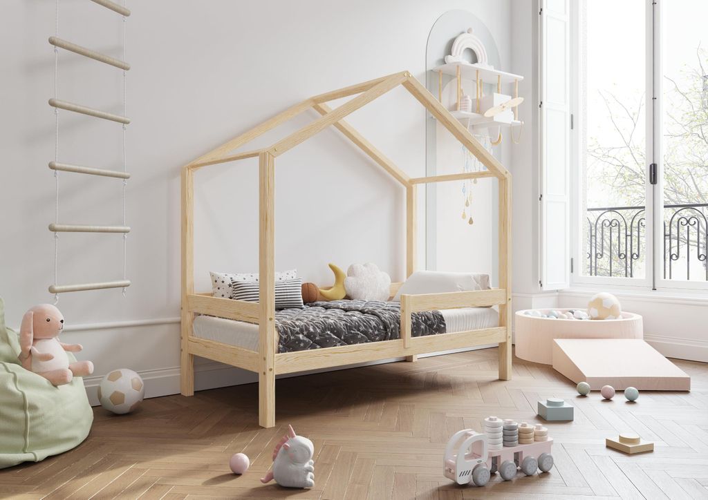 TIMBEE HUFIE Hausbett Kinderbett Holz Kinderzimmer Bett - Unlackiert - 70x140cm - 23cm Beine
