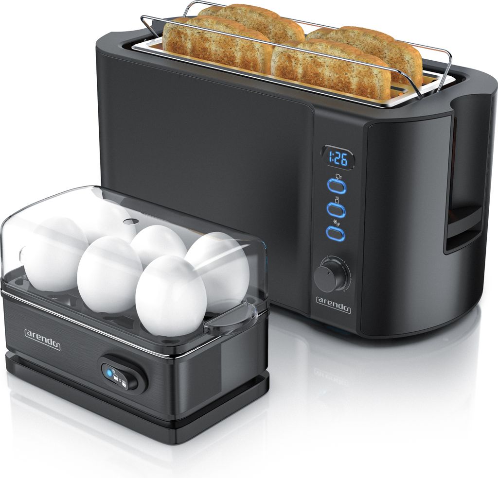 Arendo - Set Toaster FRUKOST mit Eierkocher SIXCOOK Edelstahl Schwarz, Toaster 4 Scheiben, LED-Display, 6 Bräunungsgrade, Brötchenhalter - Eierko...