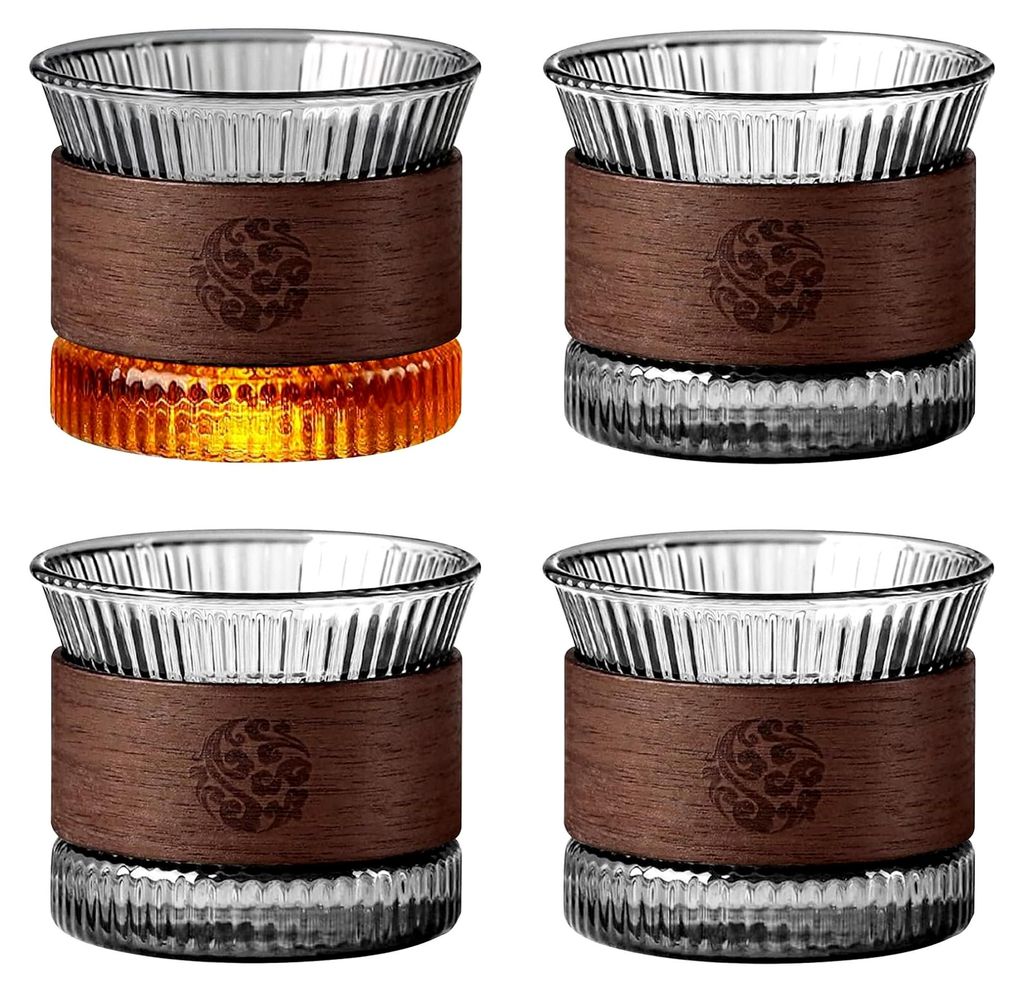 Espressotassen Set: 4 Stück 180 ml Kaffeetassen aus Glas mit Massivholzring
