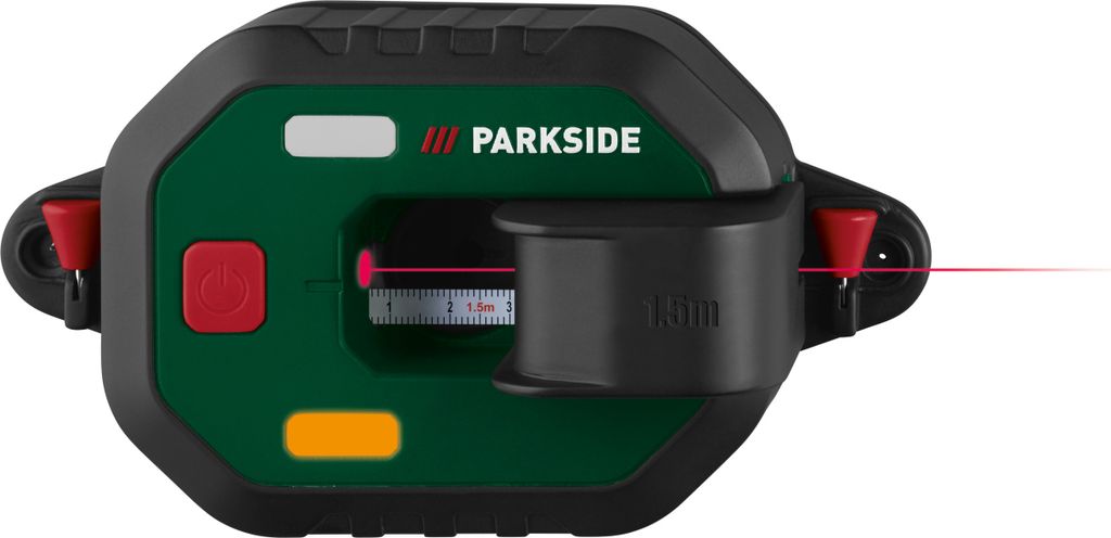 A digital laser level with a built-in tape measure is shown against a white background.