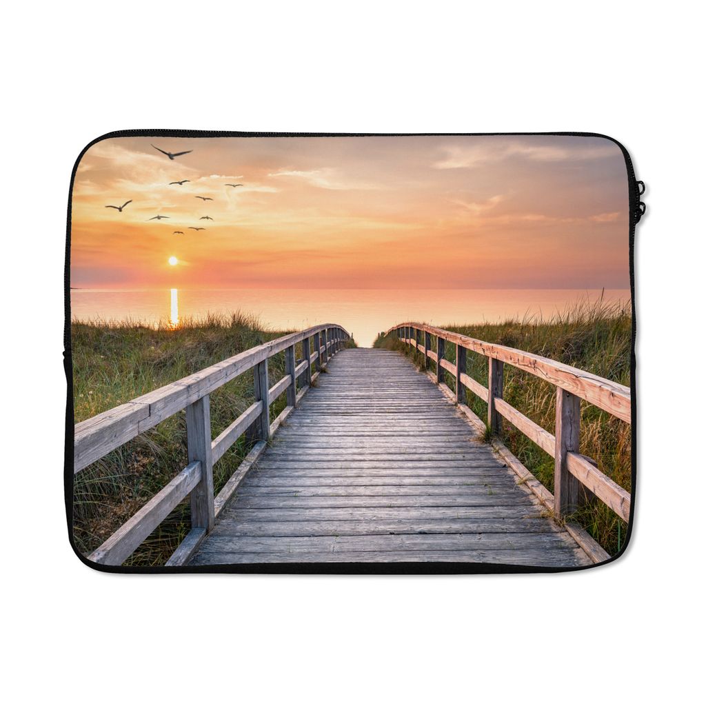 MuchoWow Laptop Hülle 15 Zoll Sonnenuntergang - Meer - Weg - Gras - Düne - Vögel Laptoptasche - Laptoptasche - Sleeve - Rundum-Schutz