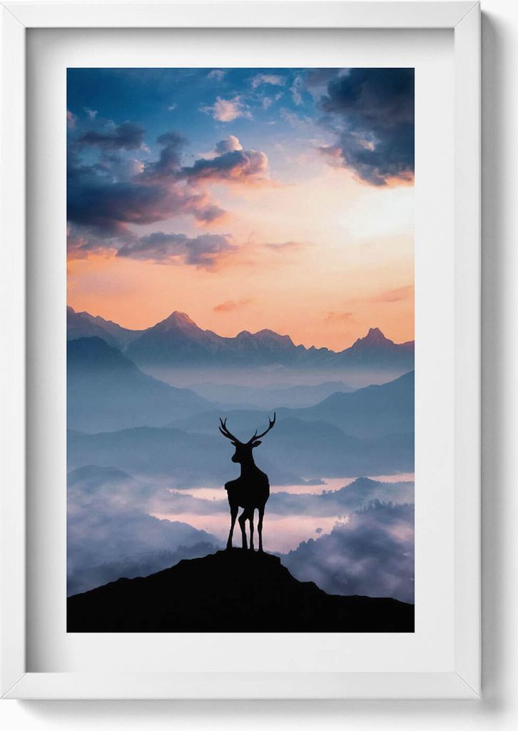 Hirsche auf dem Gipfel eines Berges– Wandbild mit Rahmen – Gerahmtes Bild – Wanddekoration – 40x60 cm – Weiß