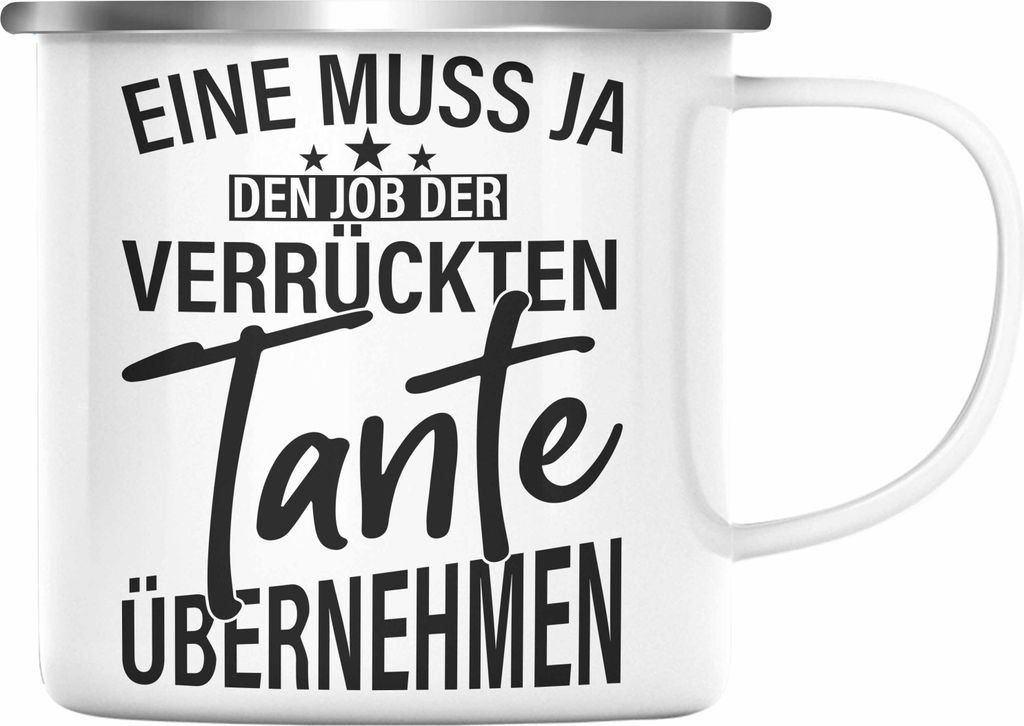 Trendation - Verrückte Tante Emaille Tasse Geschenk Lustig Geschenkidee Geburtstag Weihnachten Beste Tante Geschenkidee (Silber)