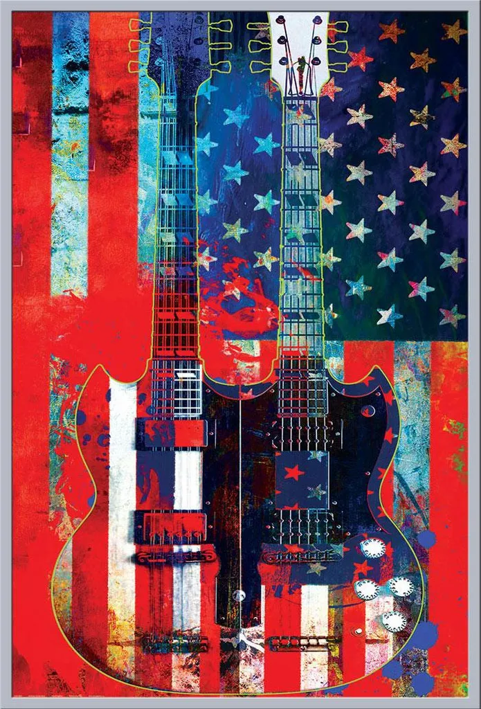 Déco Murale Guitare Doubleneck American Cadre Shinsuke Argenté et Vitre