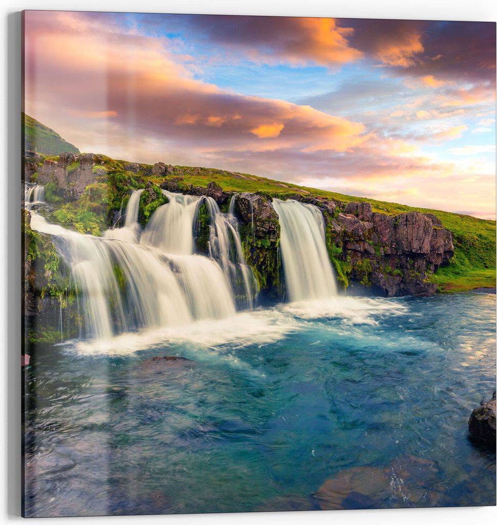 DEQORI Glasbild Echtglas 30x30 cm 'Kirchberg Wasserfall' Wandbild Bild modern Deko