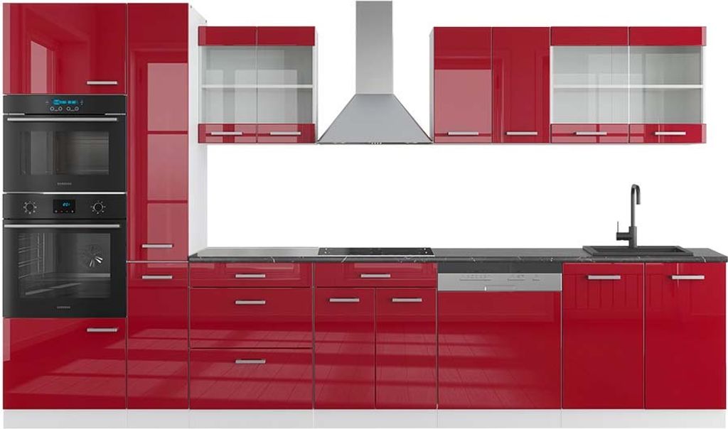Küchenzeile Vicco R-Line Rot Hochglanz/Weiß 350 cm mit Hochschrank, AP Anthrazit, Model 42339