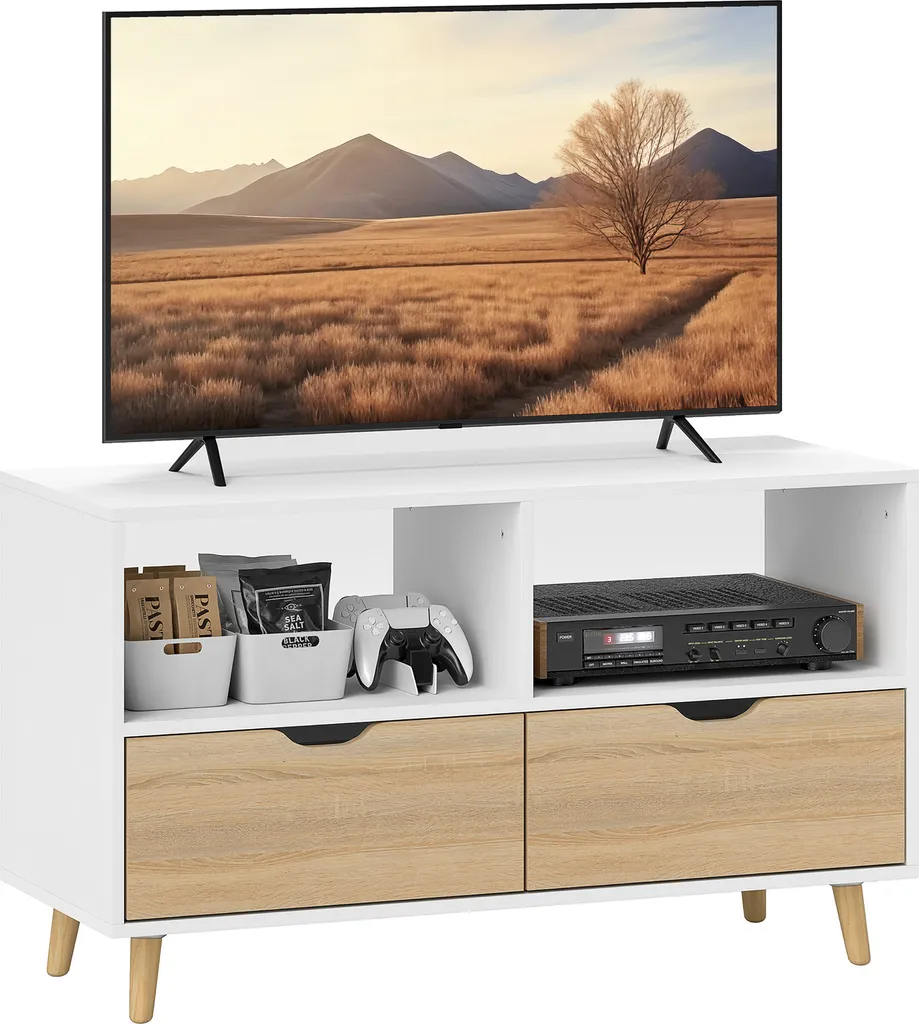HOMCOM Mobile TV basso con 2 ripiani, cassetto, tavolo per TV lungo 99 cm, lavagna TV per soggiorno, bianco